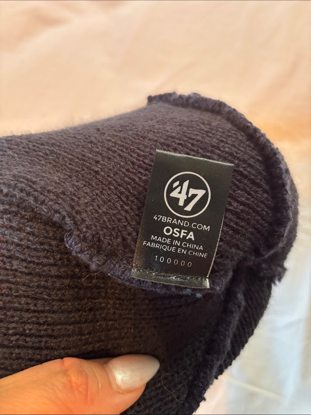 47 Kids Pom Beanie in Navy, Orange and White with Team Patch - Picture 2 of 4